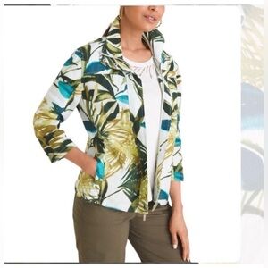 Chico's Tropical Print Linen 3/4 Sleeve White Green Zip Up Jacket Size 12